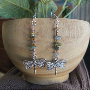 boho dragonfly natural crystal chip earrings